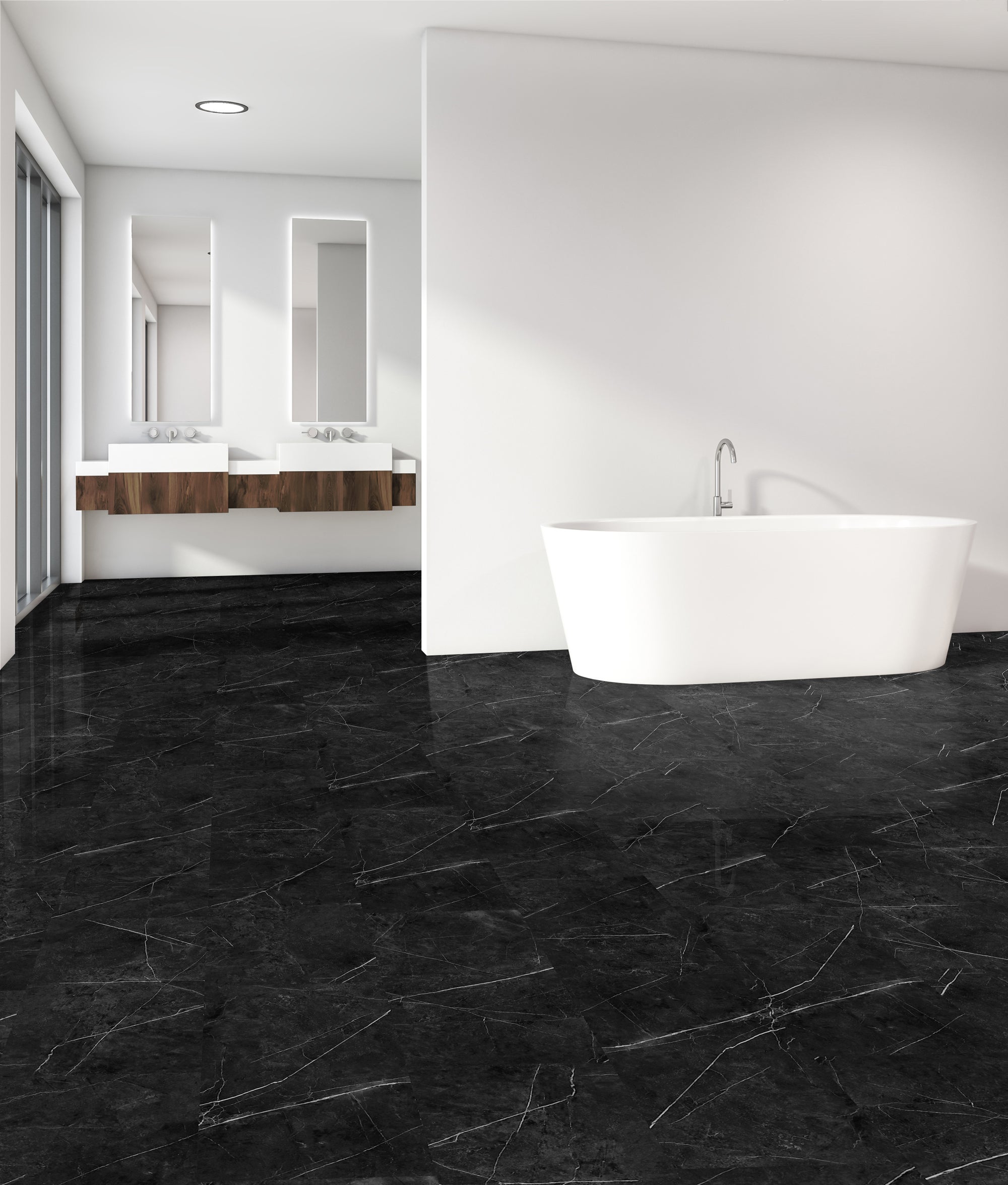 Black flooring, shown in a room