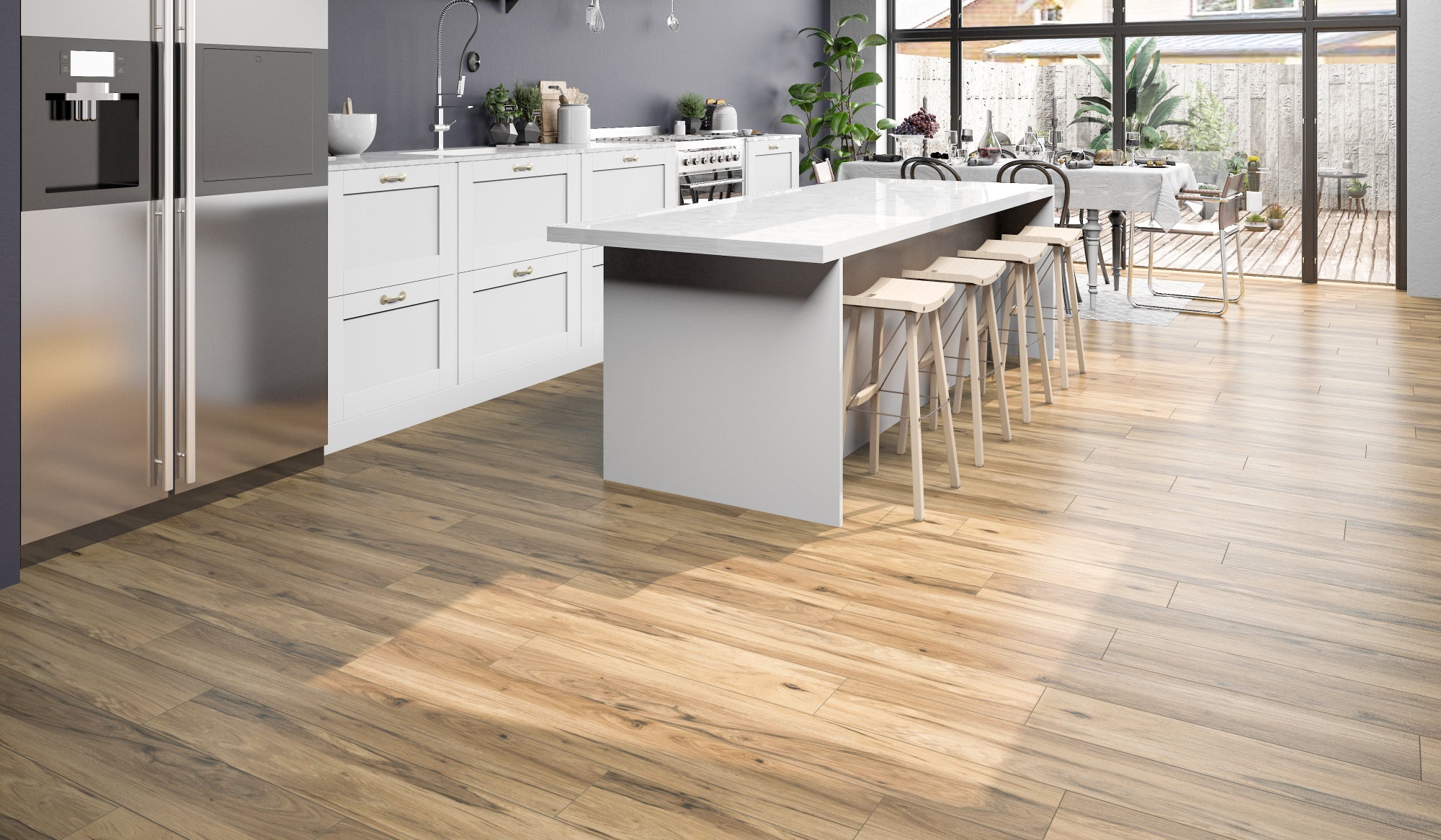Driftwood flooring, shown in a room