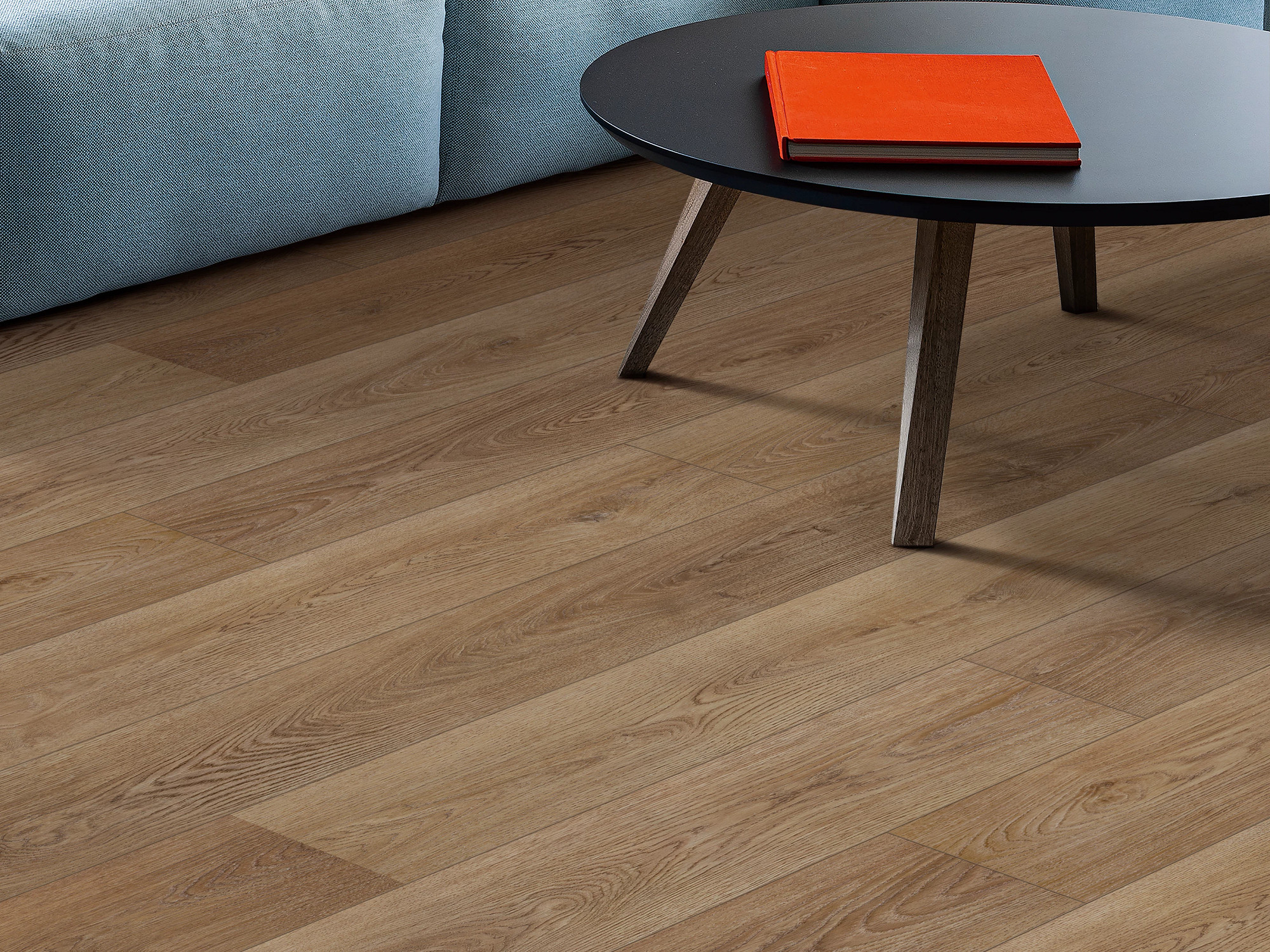 Saddle Oak flooring, shown in a room
