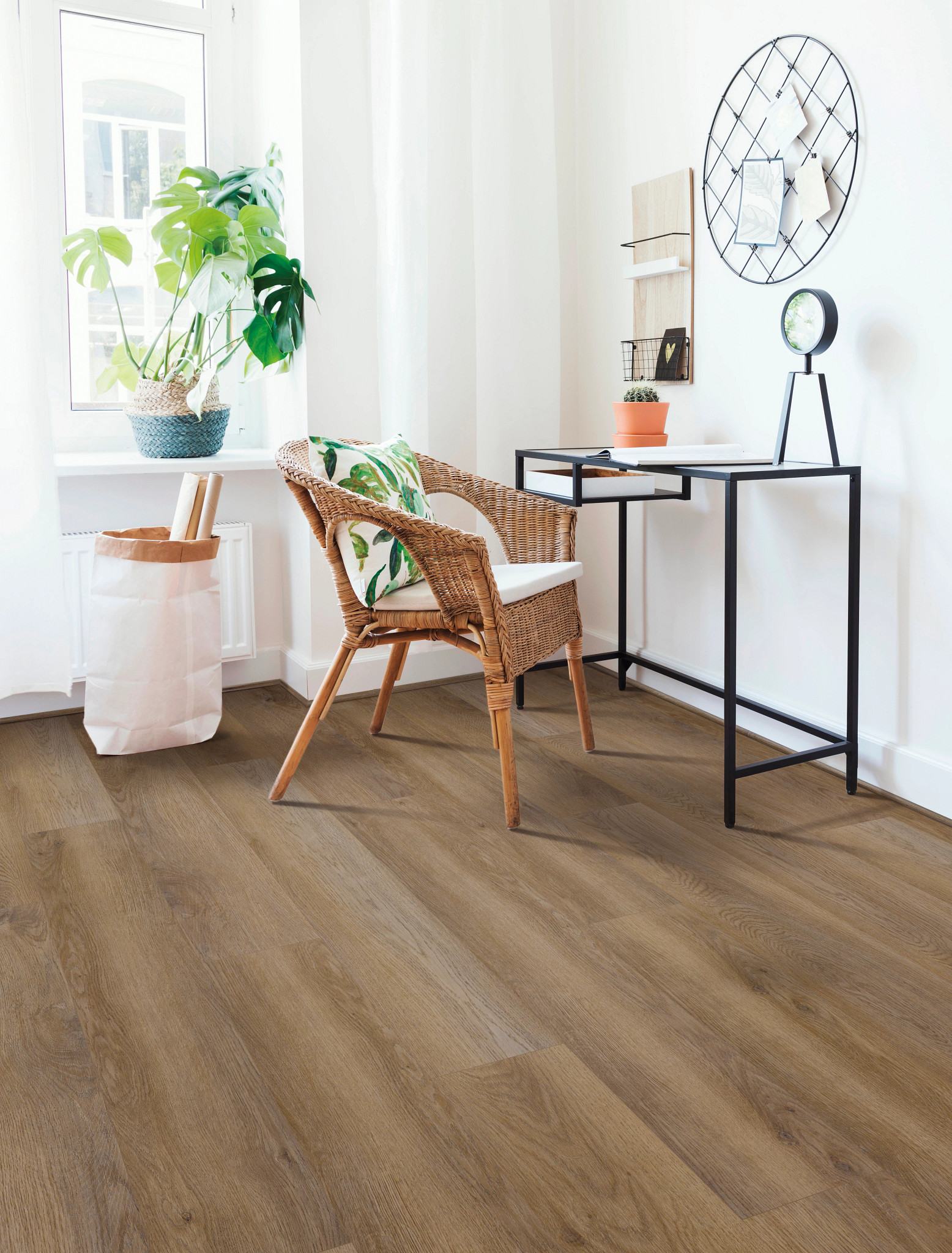 Cartwheel Oak flooring, shown in a room