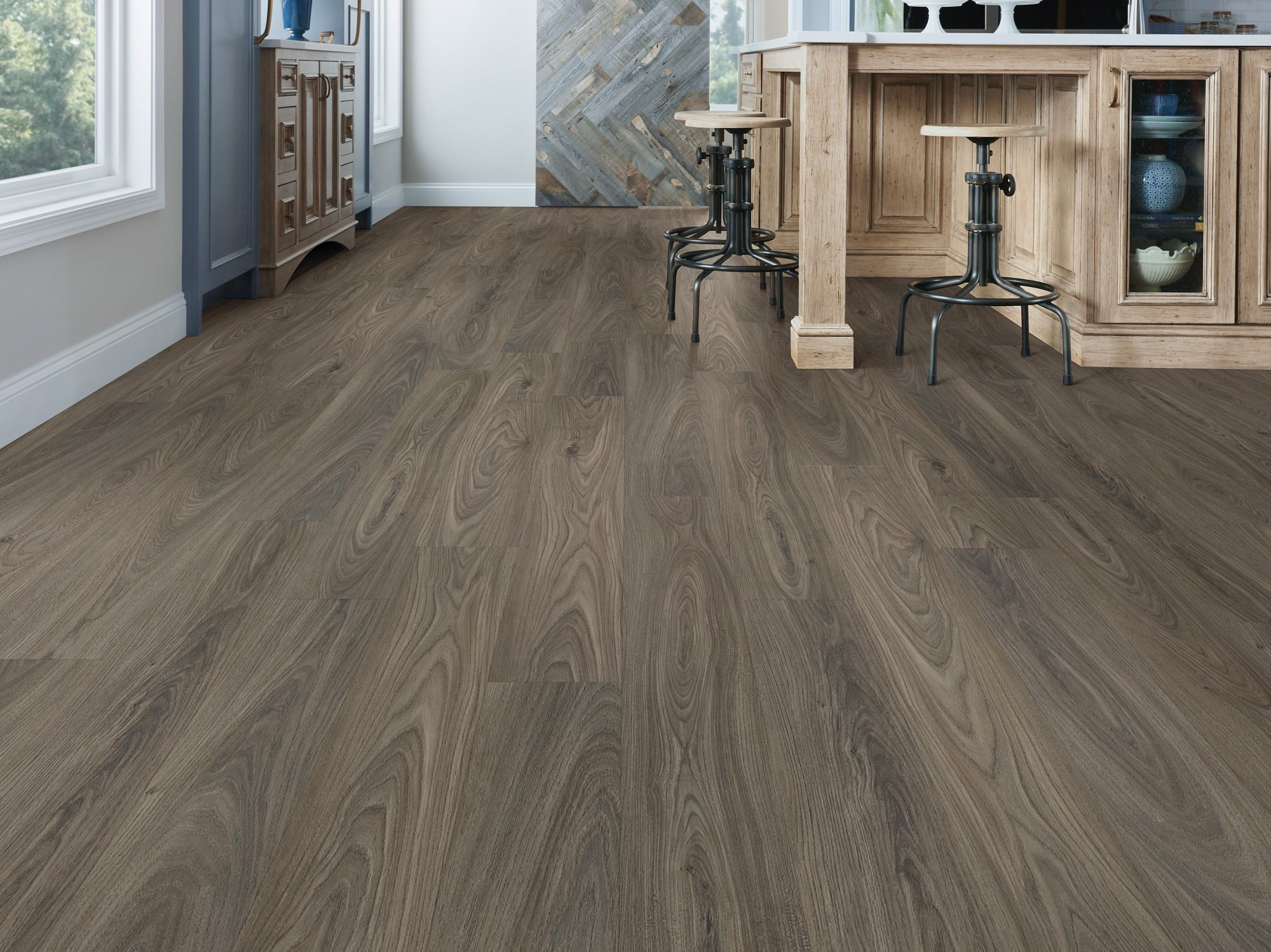 Dark Elm flooring, shown in a room