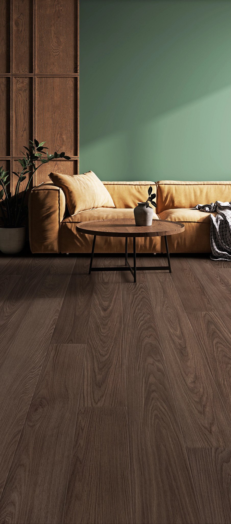 Deep Saddle Walnut flooring, shown in a room