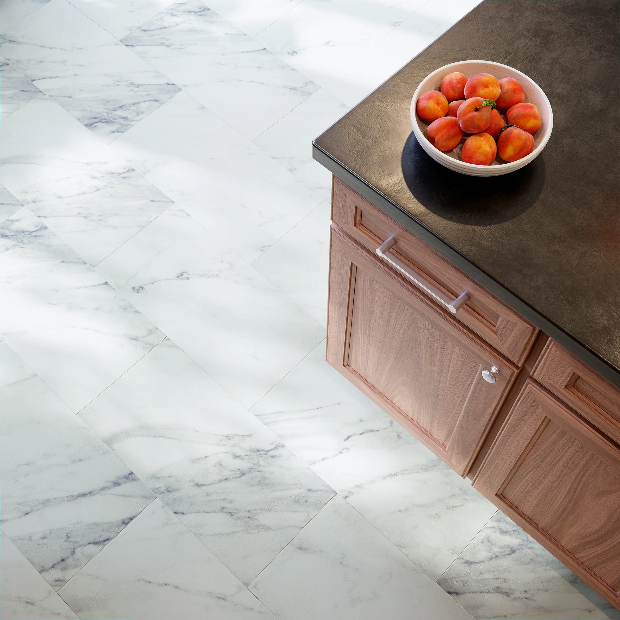 Carrara White flooring, shown in a room