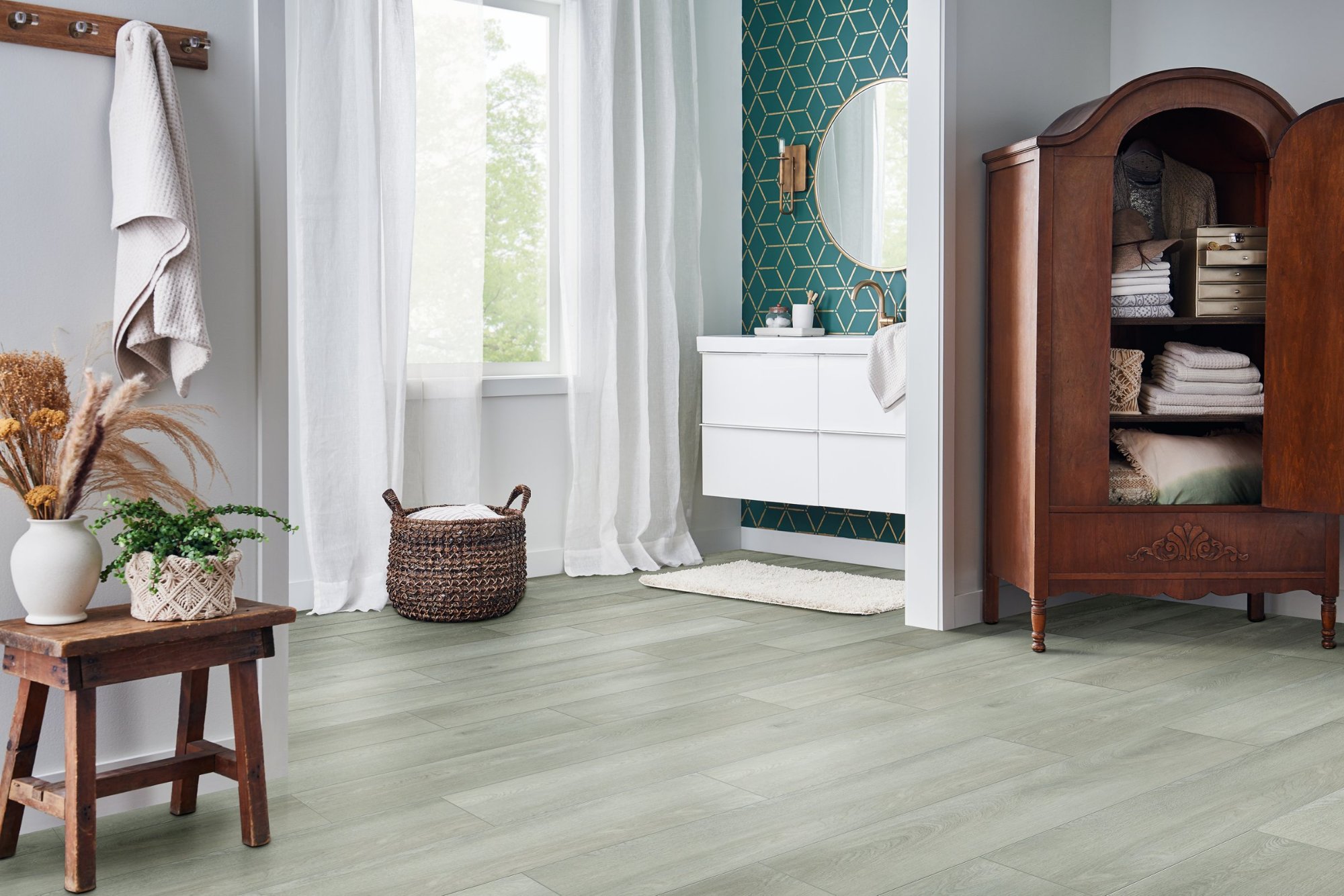 Windward Taupe flooring, shown in a room