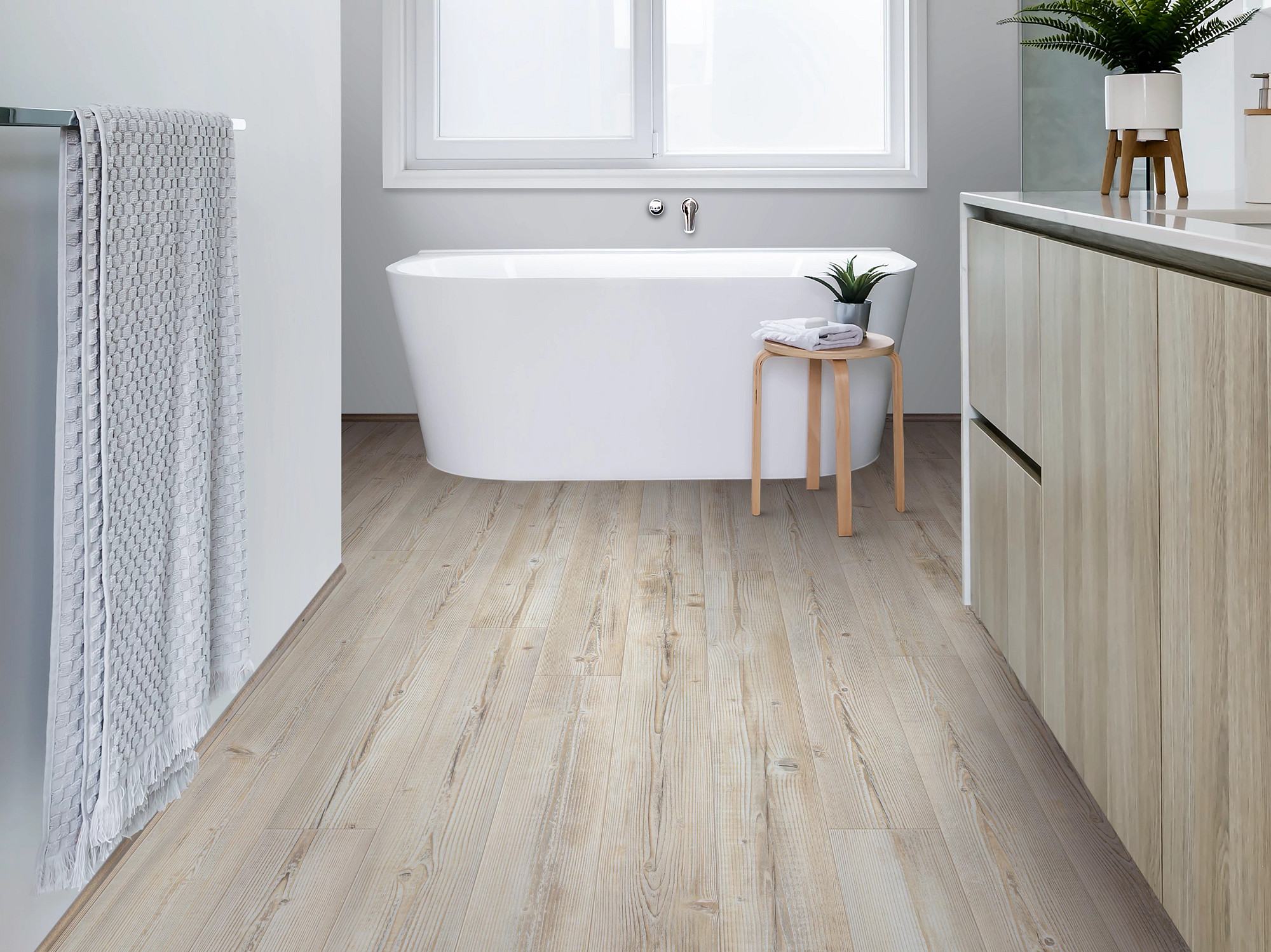 Washed Pine flooring, shown in a room