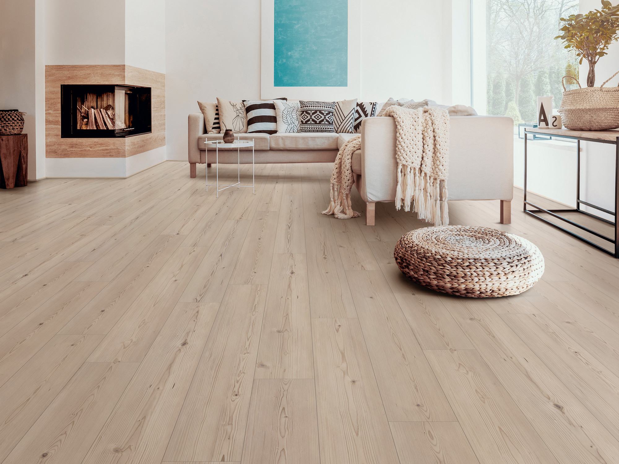 Vanilla Pine flooring, shown in a room