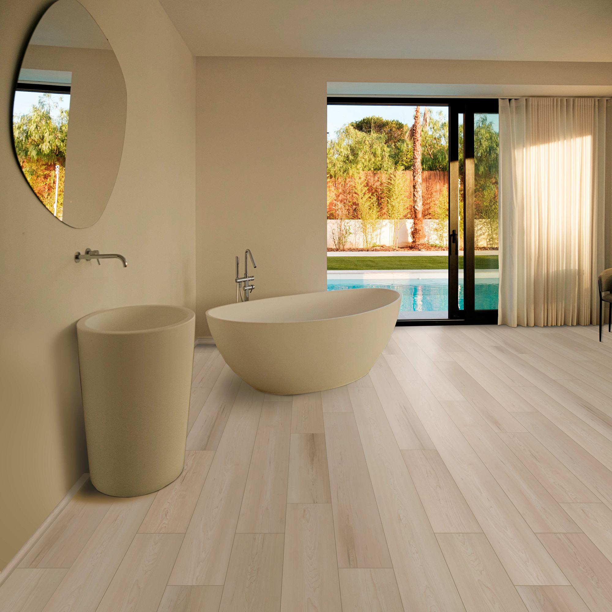 Grande Vanilla Almond Maple flooring, shown in a room