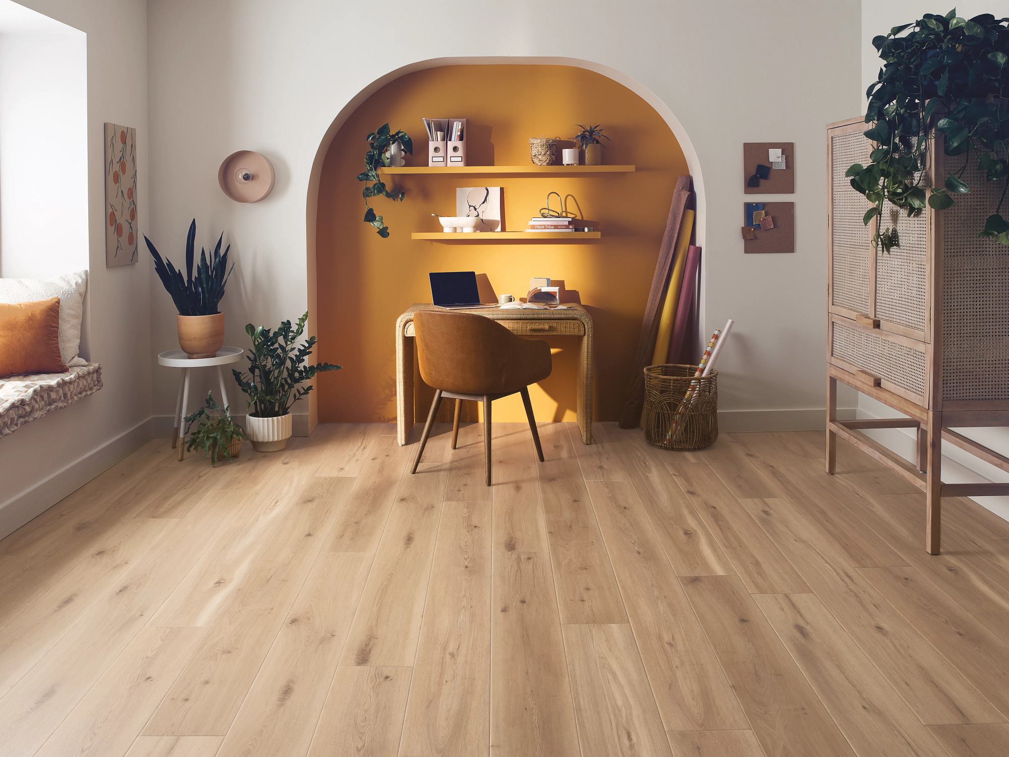 Blonde Oak flooring, shown in a room