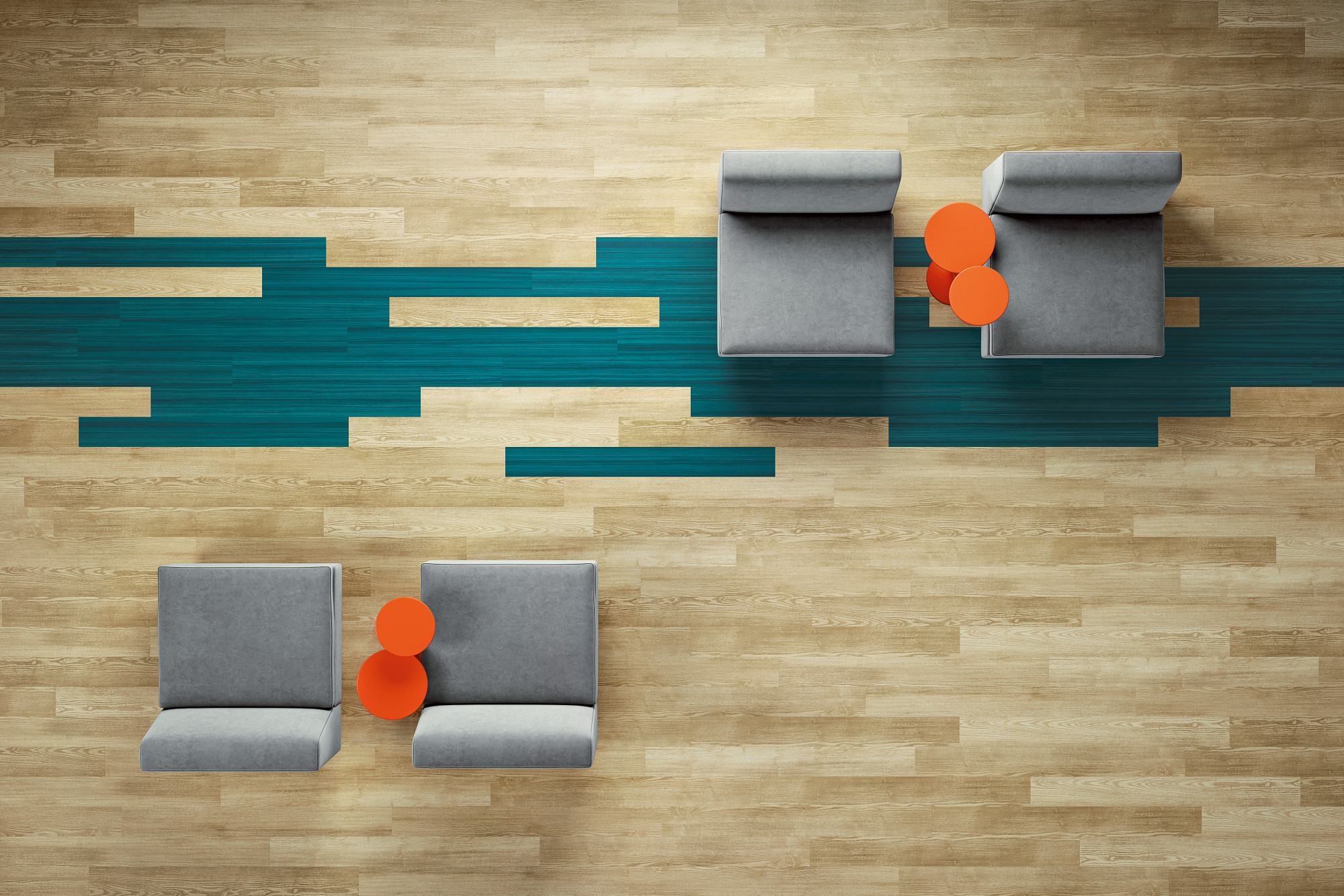 Turquoise flooring, shown in a room